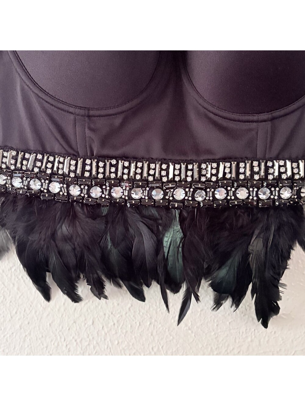Black Corset Bustier Rhinestone Feather Trim Top Bebe Aubrey